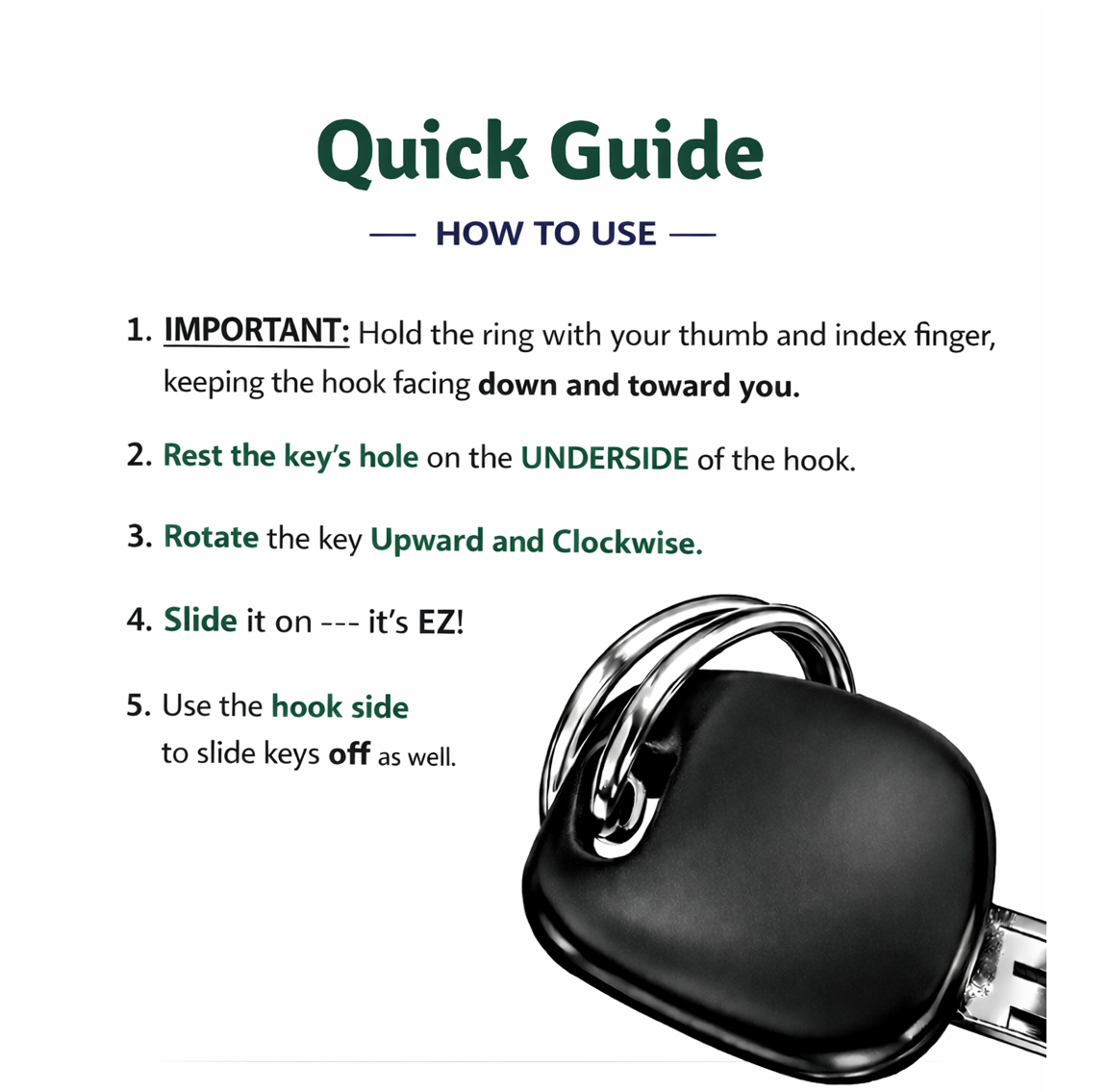 Quick Guide showing five steps for sliding keys on and off an EZ Slide-On KeyRing